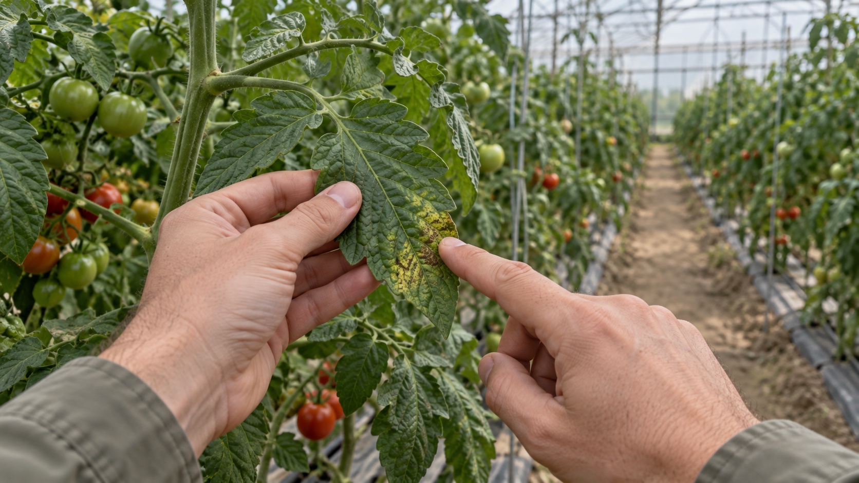 Two hands inspecting a discolored tomato leaf in a greenhouse