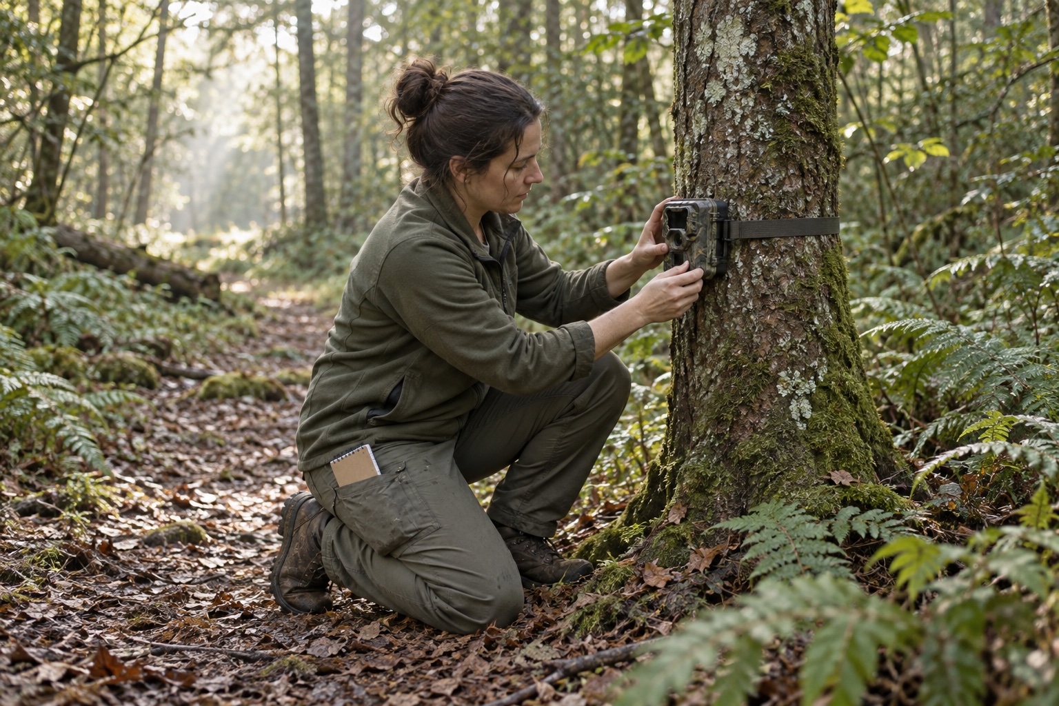 A wildlife ecologist adjusting a trail camera in a woodland habitat