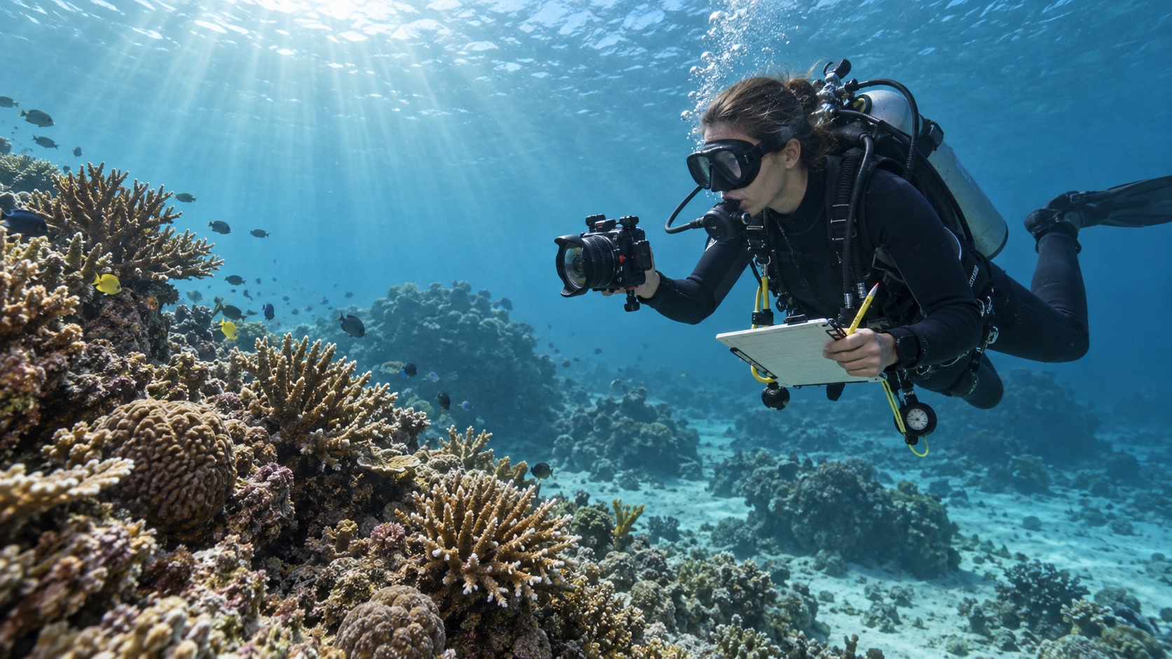 A diver surveying a coral reef with camera and slate