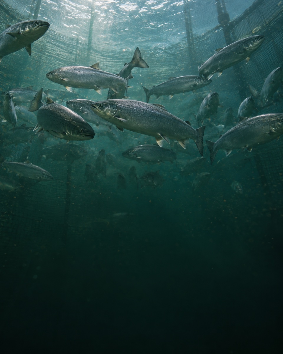 Silvery fish schooling inside an aquaculture net pen
