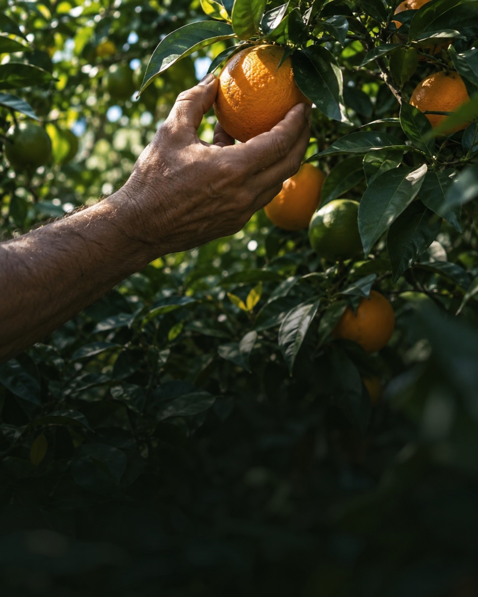 A hand assessing an orange among dense orchard foliage