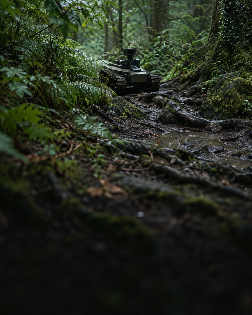 A small tracked research robot on a wet root-covered forest path