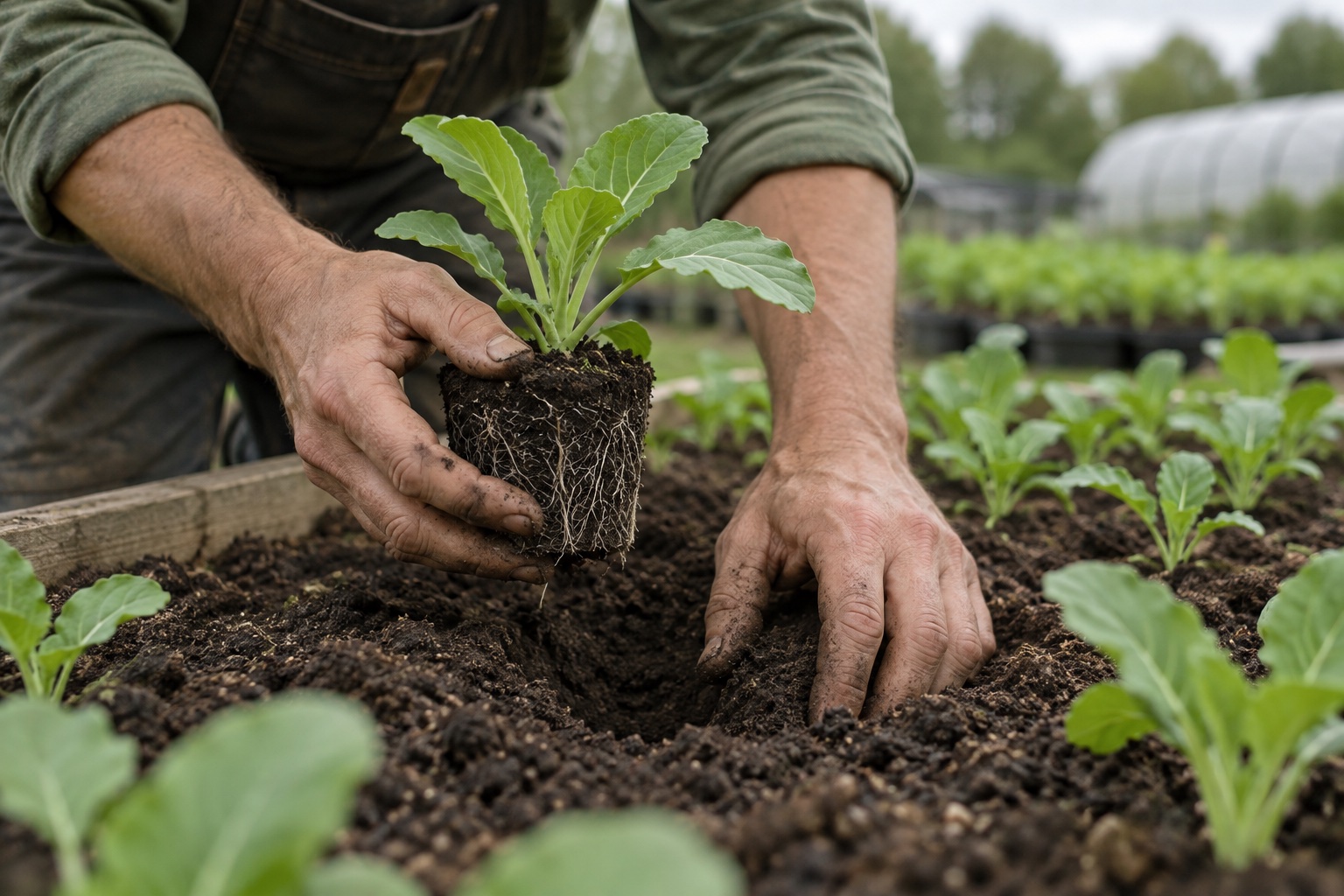 Hands transplanting a seedling with its roots and soil intact